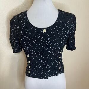 Rouje Marie polka dot Side button crop length blouse in black blue WOMENS 36 US4